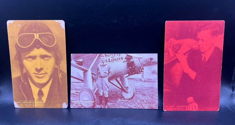 3 Color Tinted 1920s Charles Lindbergh Exhibit Cards Spirit of St Louis Postcard